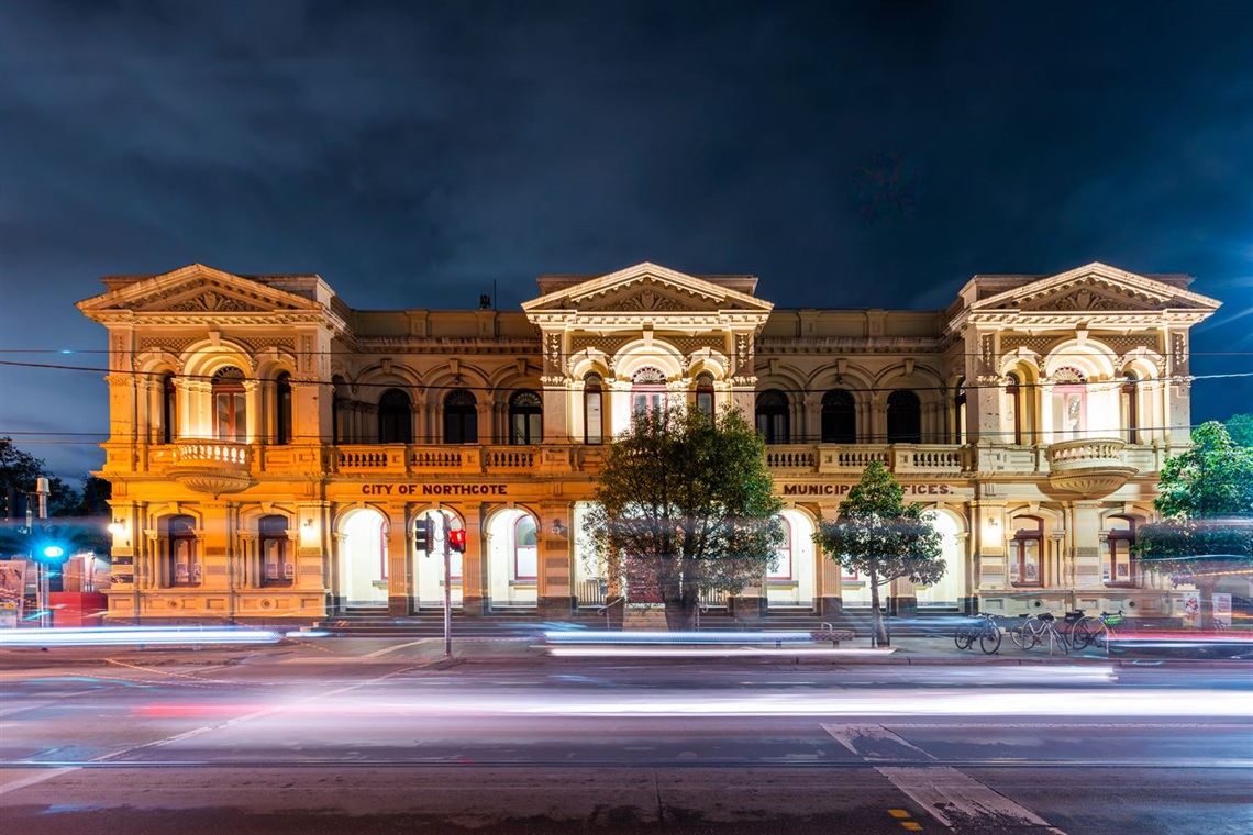 Front view facade of Northcote Town Hall Arts Centre at night